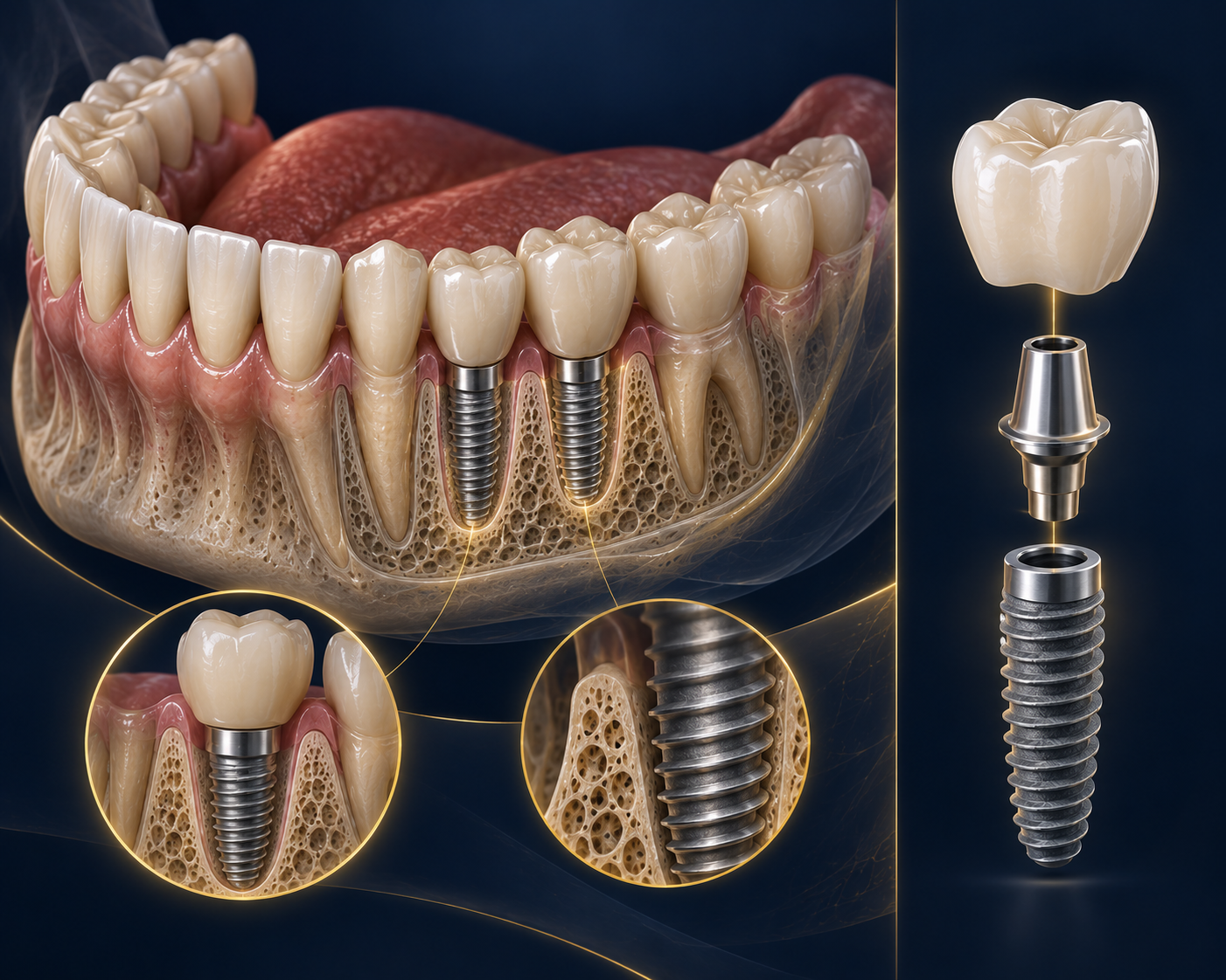 Implantes dentários e reabilitação oral — ilustração educativa